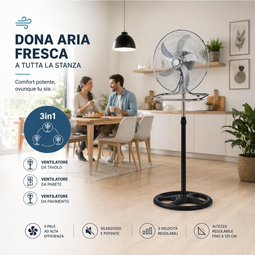 DCG Ventilatore 3 in 1 a Piantana, Parete e Tavolo, 60W, Diametro 49 cm, Altezza Massima 130 cm, 3 Velocità